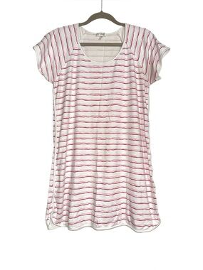 LAKE Pima Cotton Short Sleeve White Pink Striped Pajama Nightgown Dress LARGE